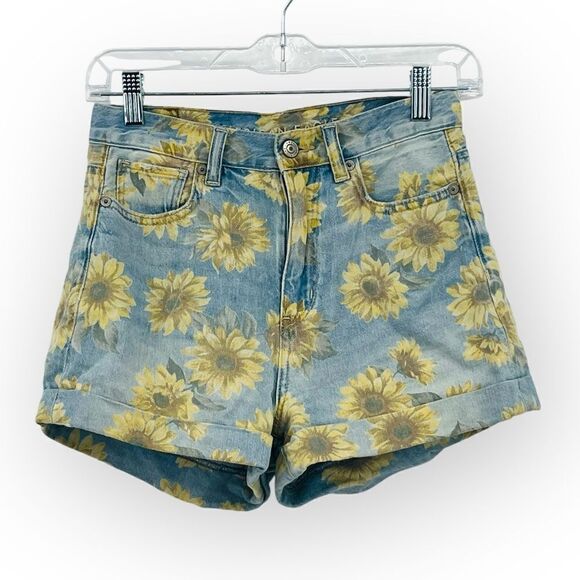 American Eagle High Rise Mom Denim Jean Shorts Sunflower Print Size 00 - Picture 2 of 6